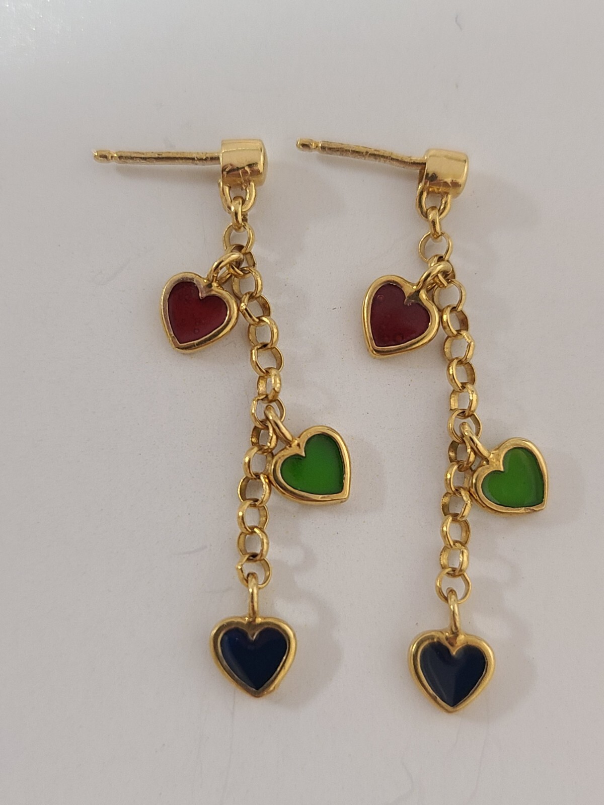 Triple Dangling Heart Earring 14k Yellow Gold Red Green Blue Enamel Hearts 38mm