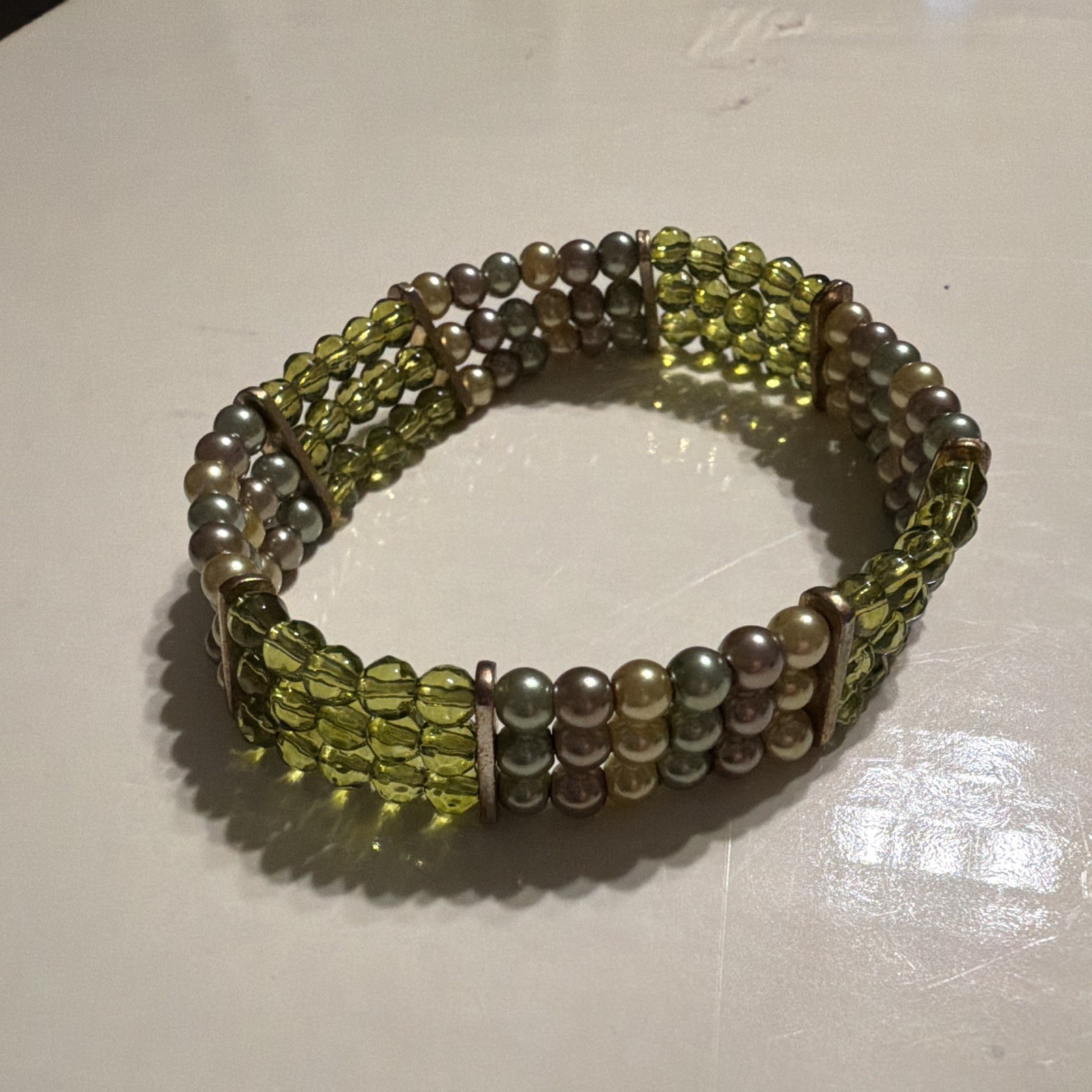 Green Glass Beaded Stretch Bracelet Multicolor Round Beads No Clasp