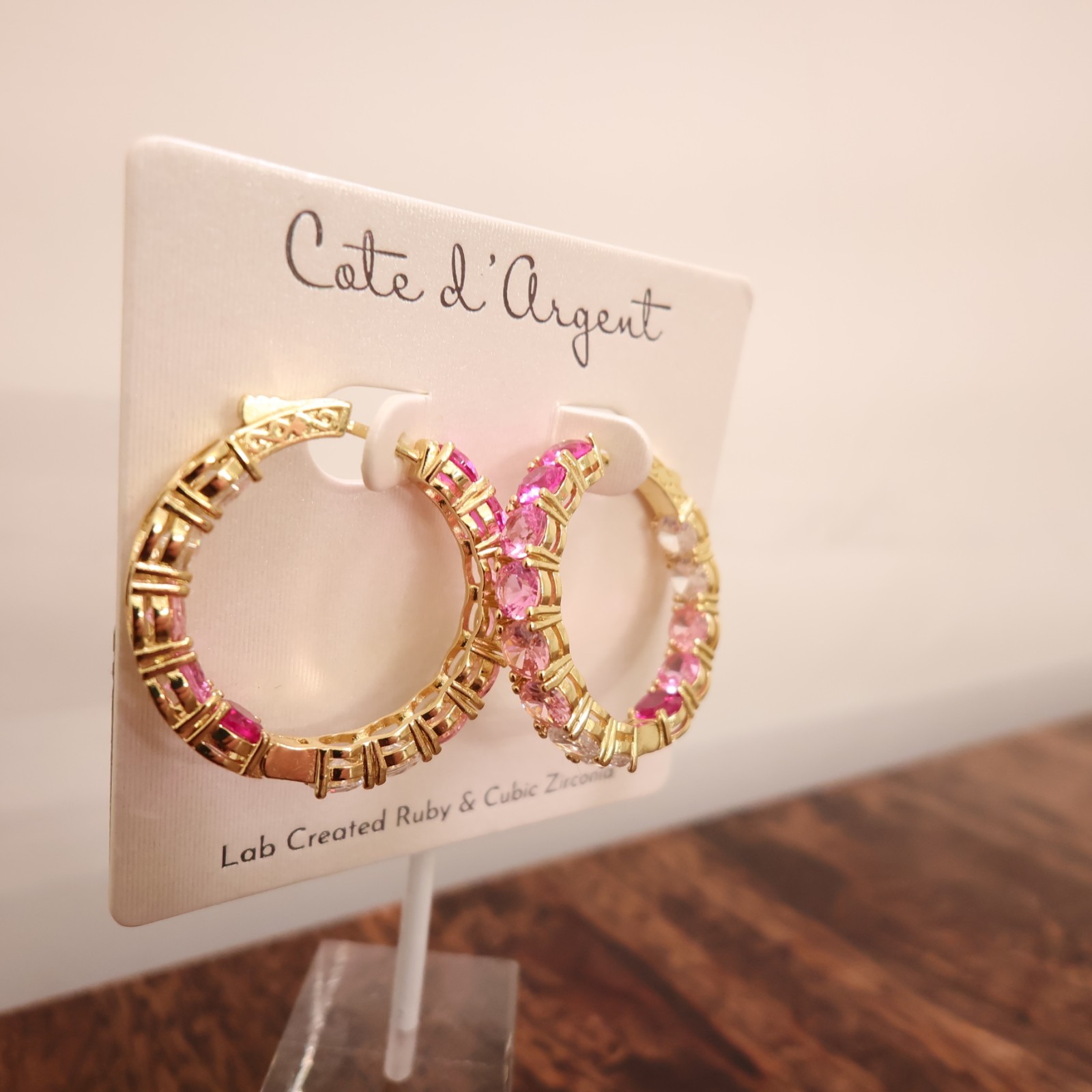 Cote d’Argent earrings pink crystal hoops inside-out lab-created rubies CZ 925