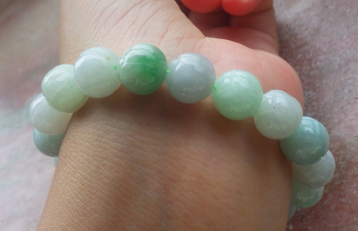 1 Pcs Green A JADE Jadeite Beads Bangle Lotus Flower Bracelet 7 inches 手链 737180