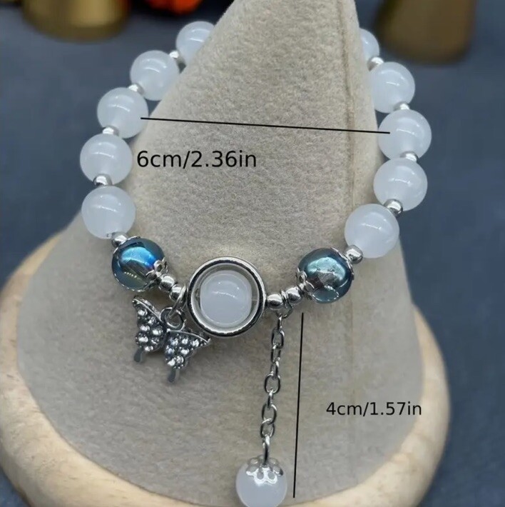 Butterfly White Glass Beaded Silver Charm Bangle Bracelet Elastic Hand String