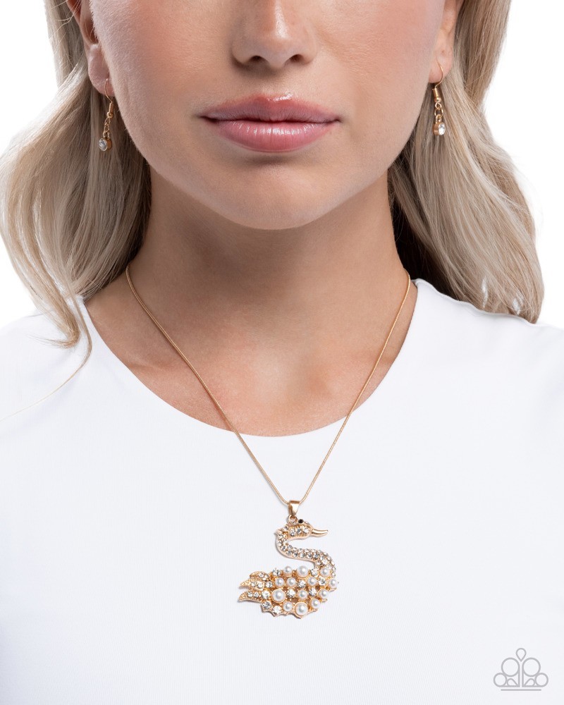 Paparazzi Swan Shimmer – Gold- White Rhinestone & Pearls – Gold Swan Neckla