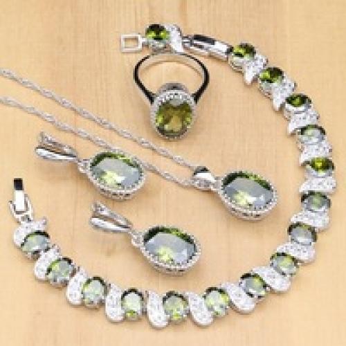 925 Silver Champagne Zircon Bridal Jewelry Set Necklace Earrings Ring Bracelet