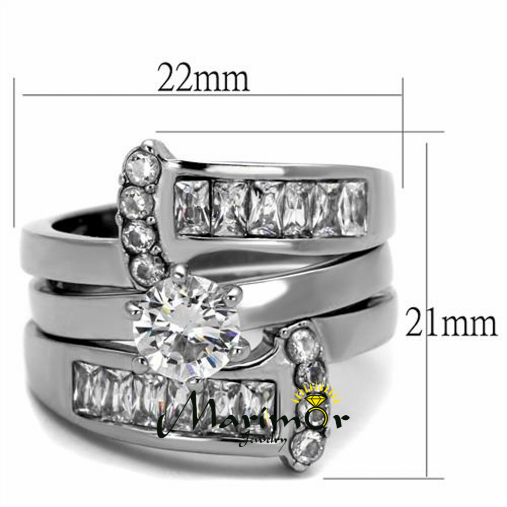 Women’s Round Cut Silver Stainless Steel AAA CZ Wedding Ring Band Set Size 5-10