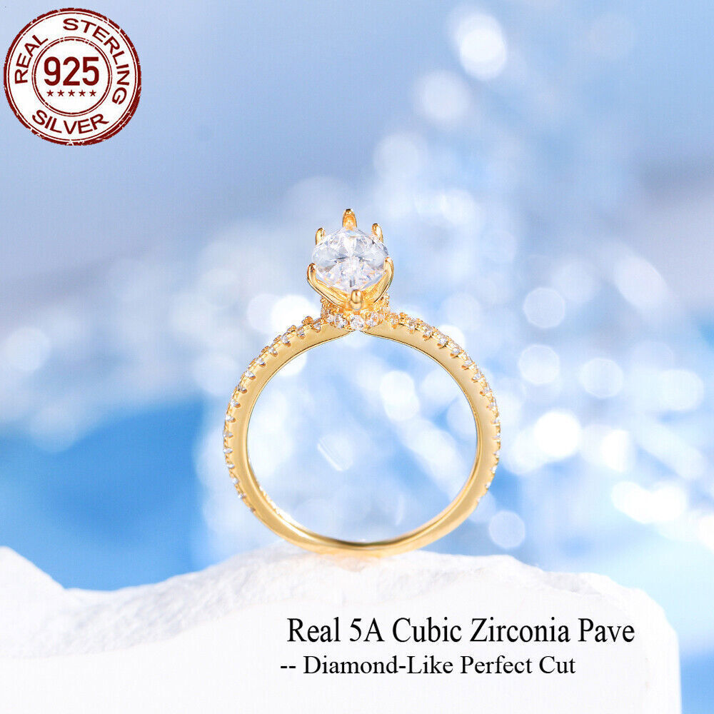 925 Sterling Silver Ring Gold Plated CZ White Marquise Cut Wedding Engagement
