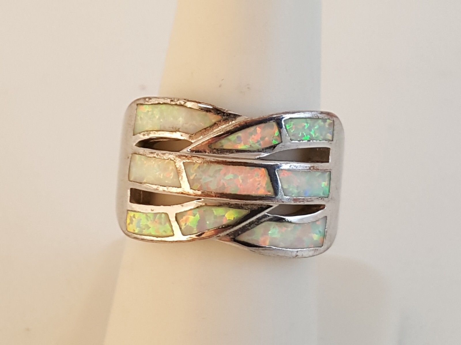 Lab created synthetic opal sterling silver ring sz 8 weave woven
