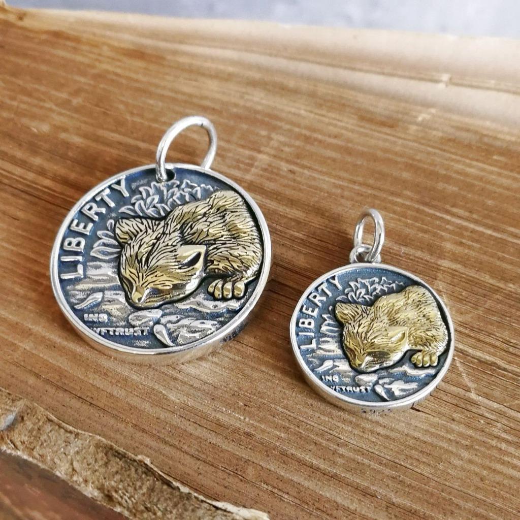 Sterling Silver & Brass Kitty Cat Coin Charm Pendant Double Sided Unique Fun