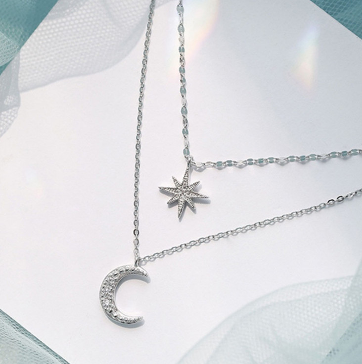 Layered Star Moon CZ Pendant 925 Sterling Silver Choker Necklace Women Gift PE55