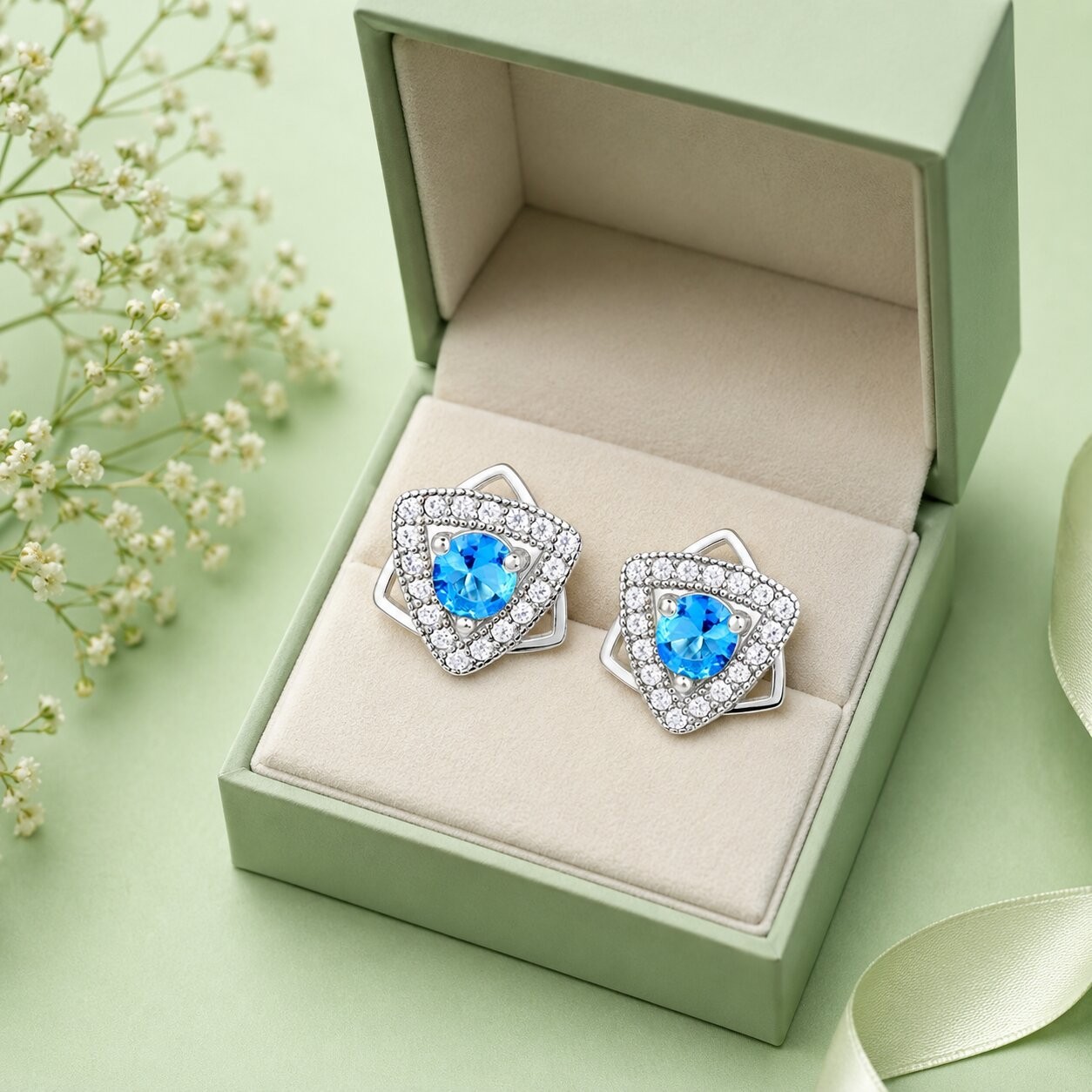 925 Sterling Silver Blue Cubic Zirconia Halo Star Stud Earrings for Women