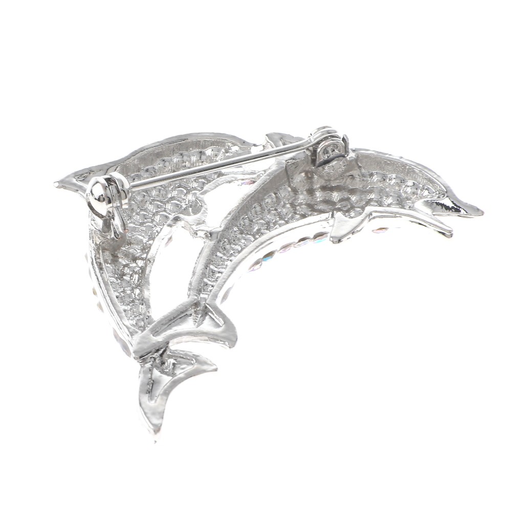 Silver Tone Alloy Metal Crystal Dolphin Brooch P1661-SAB