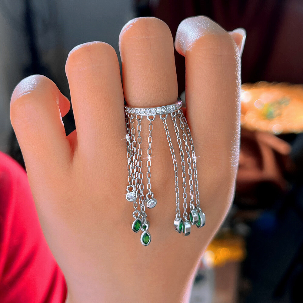 Top Silver Plated CZ Chain Link Tassel Marquise Leaf Charm Engagement Band Ring