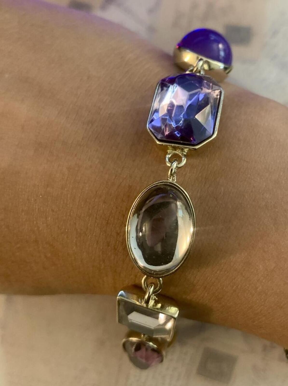 Vintage Signed Purple & Clear Multi-Shape Crystal Gold-Tone Link Bracelet Heavy