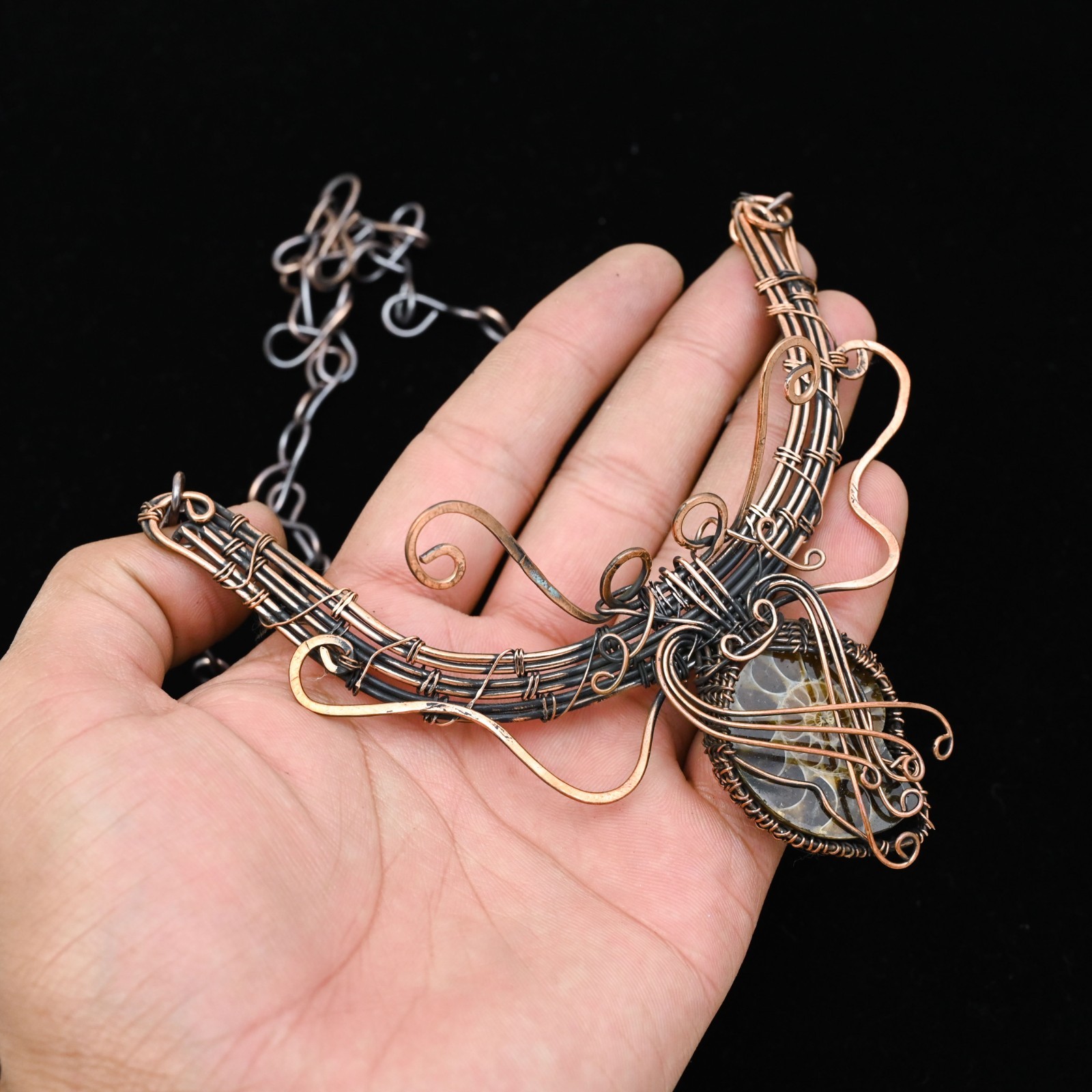 Copper Wire Wrapped Ammonite Pendant Necklace Artisan Handcrafted Necklace