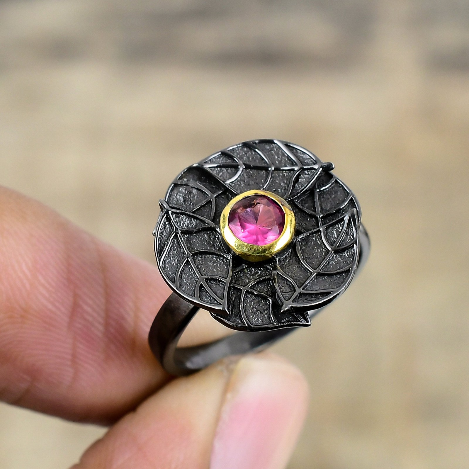 Pink Rubellite Tourmaline Black And Gold Plated 925 Sterling Silver Ring S.9 R17