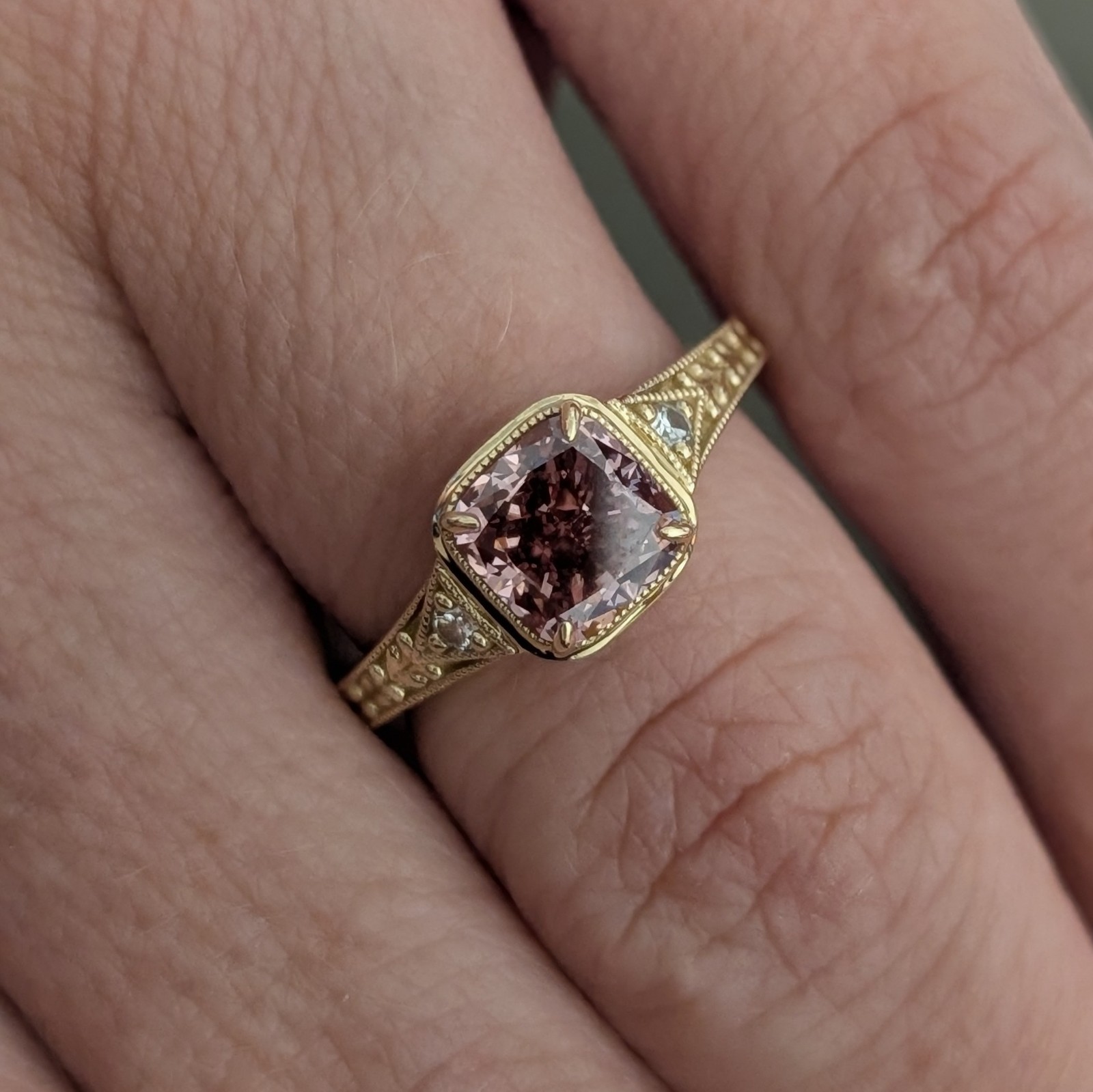 10k Yellow Gold Moody Romantic Pink Diamond Ring Size 6 Cushion Set