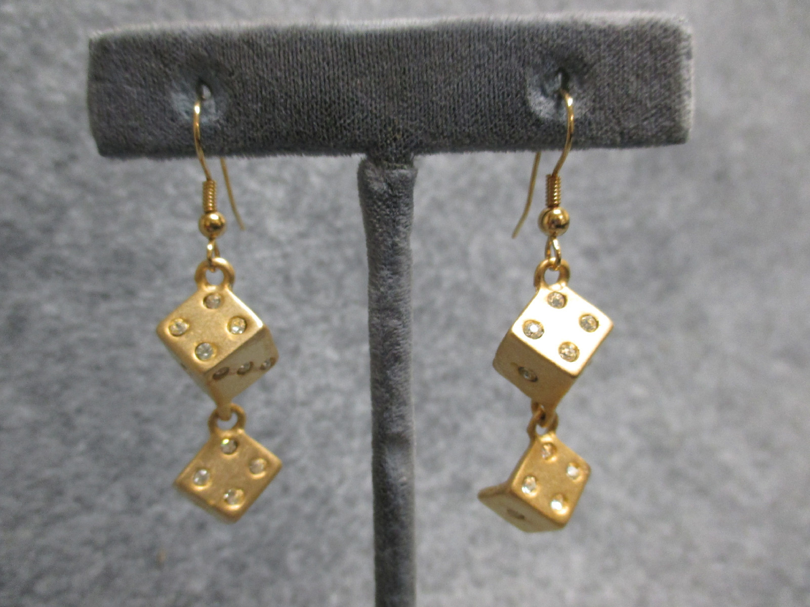 NEW Casino Lucky Dice Drop Dangle Earrings Satin Gold Finish w/ Rhinestones 2″
