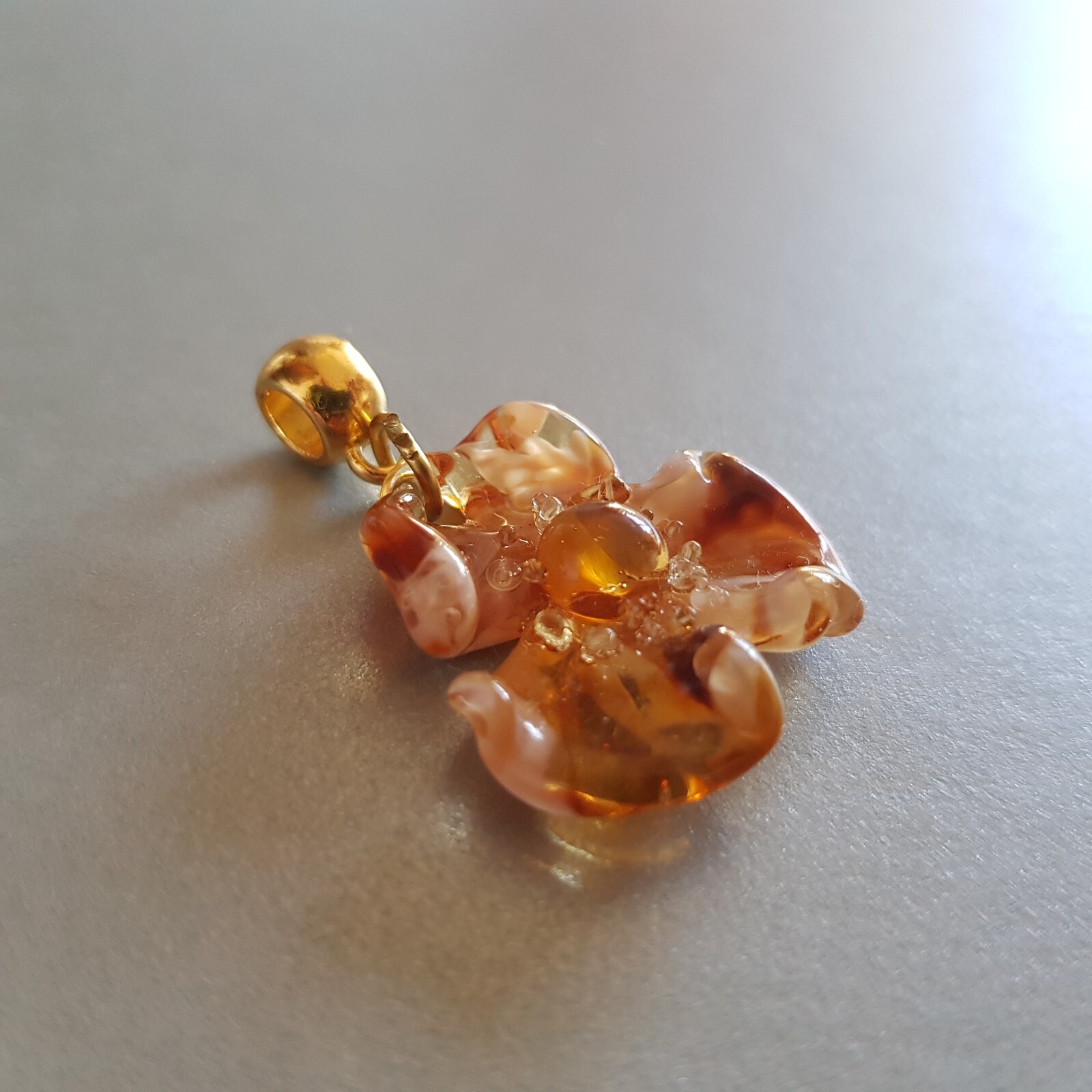 Flower Transparent Light Brown Beige Tea Colors Genuine Murano Glass Necklace