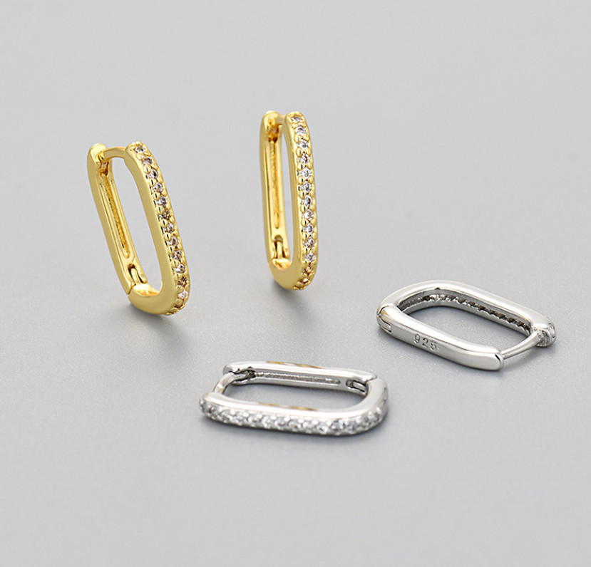 Women 925 Sterling Silver Plated U-Shape CZ Silver Gold Huggie Hoop Earrings A9
