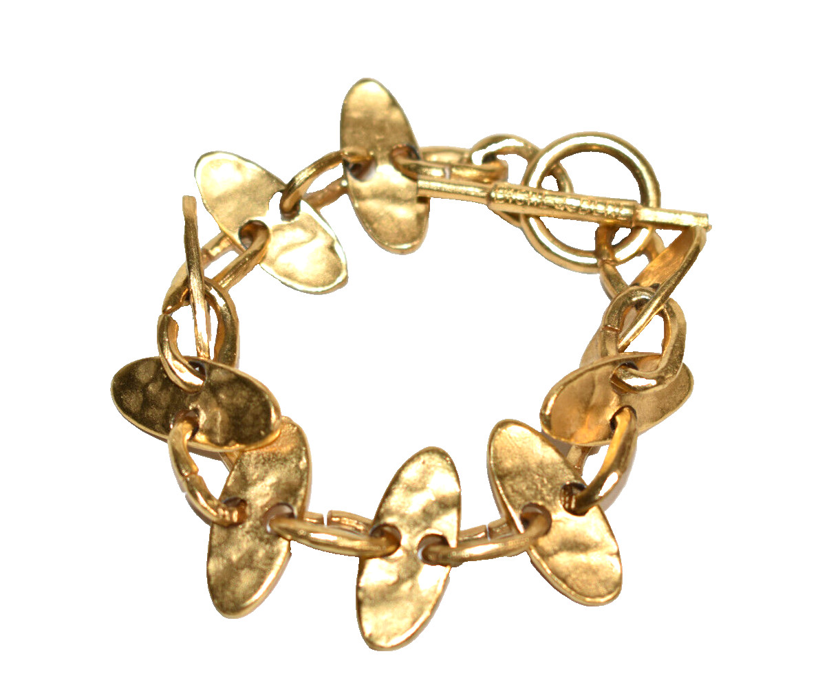 Biche De Bere Bracelet Gold Tone Links Modernist Hammered Toggle Clasp 8”