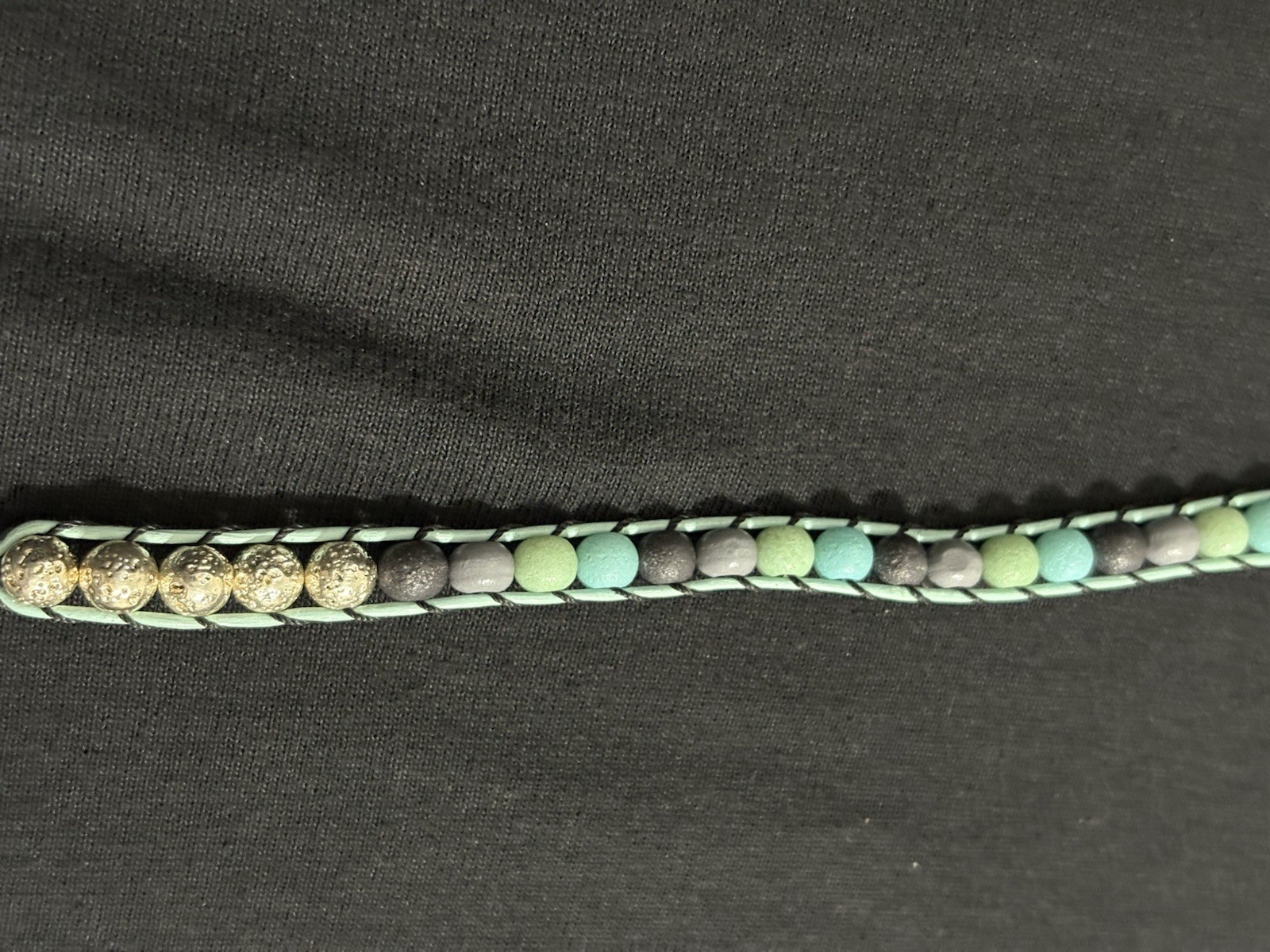 Handmade Leather Wrap Bracelet Turquoise Gray Black Beads Button Closure Boho
