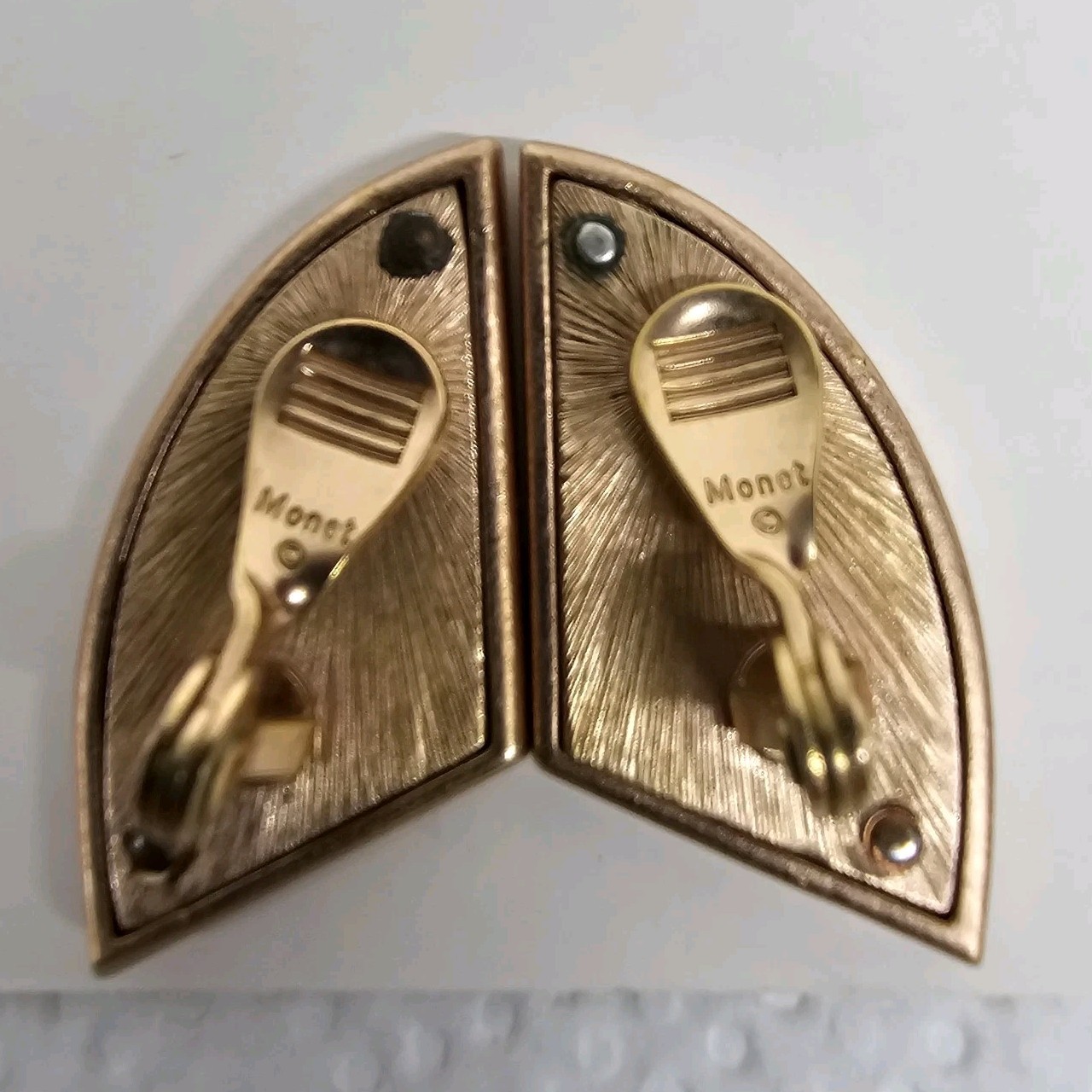 Monet Tympany Clip On Earrings Rose Gold Geometric Aurora Borealis Vintage 1980s