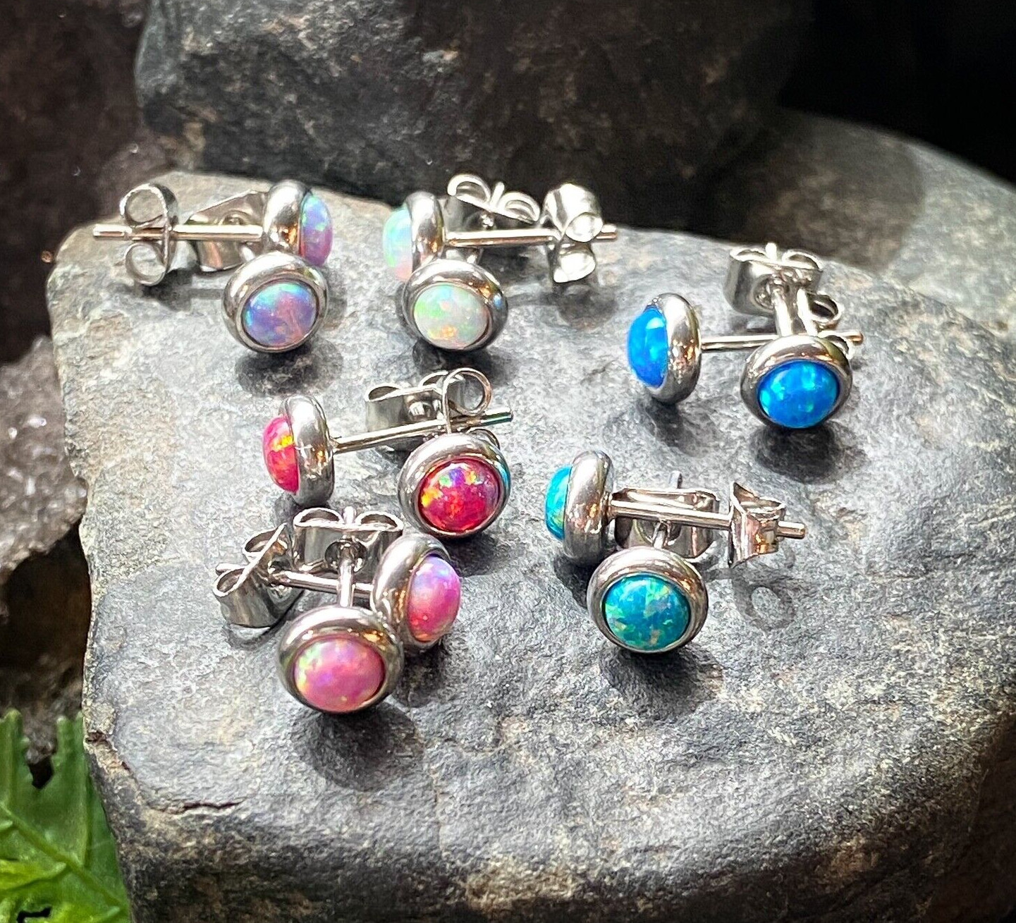 PAIR Bezel Set Opal 316L Surgical Steel Earrings – choose from 18 color combos!
