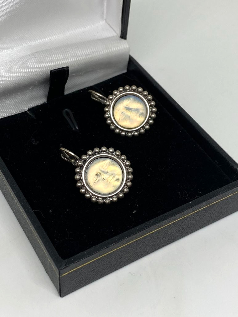 Kirks Folly Moon Face Earrings Iridescent Silvertone Leverback Signed Celestial