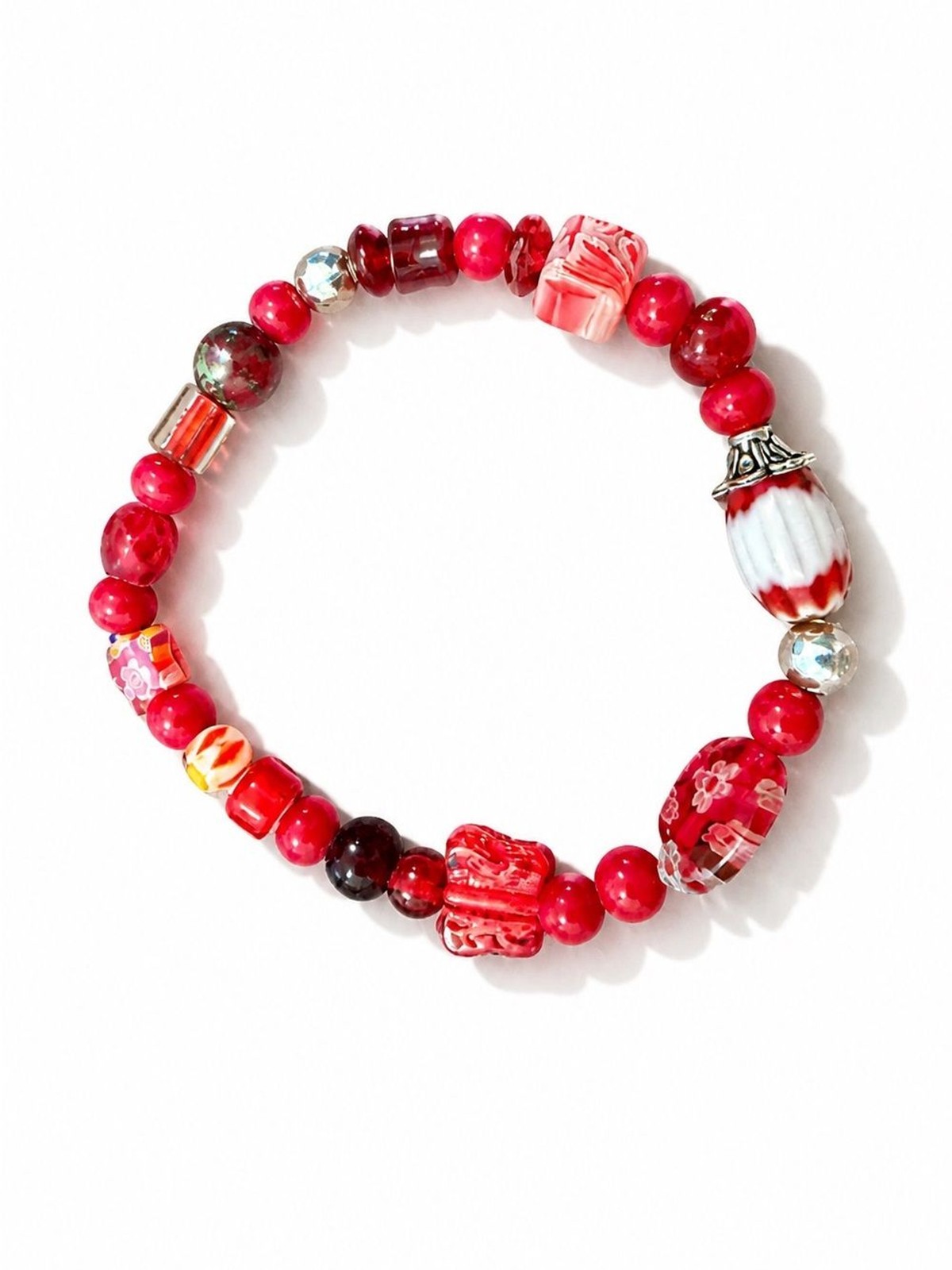 Red Floral Glass Bead Stretch Bracelet – Women Jewelry