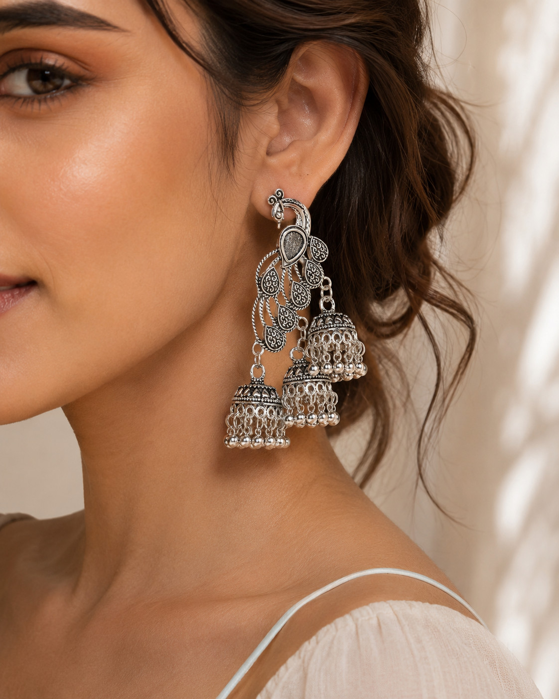 Traditional Oxidized Silver Peacock Multi-Layer Jhumka Dangle Earrings