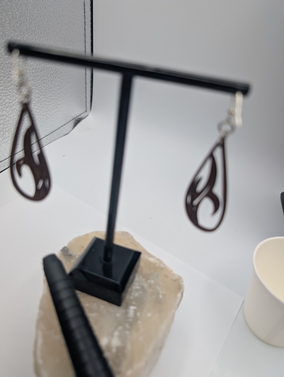Wood Teardrop Dangle Earrings Laser Cut Swirl Design Brown & Rosin Ring Set