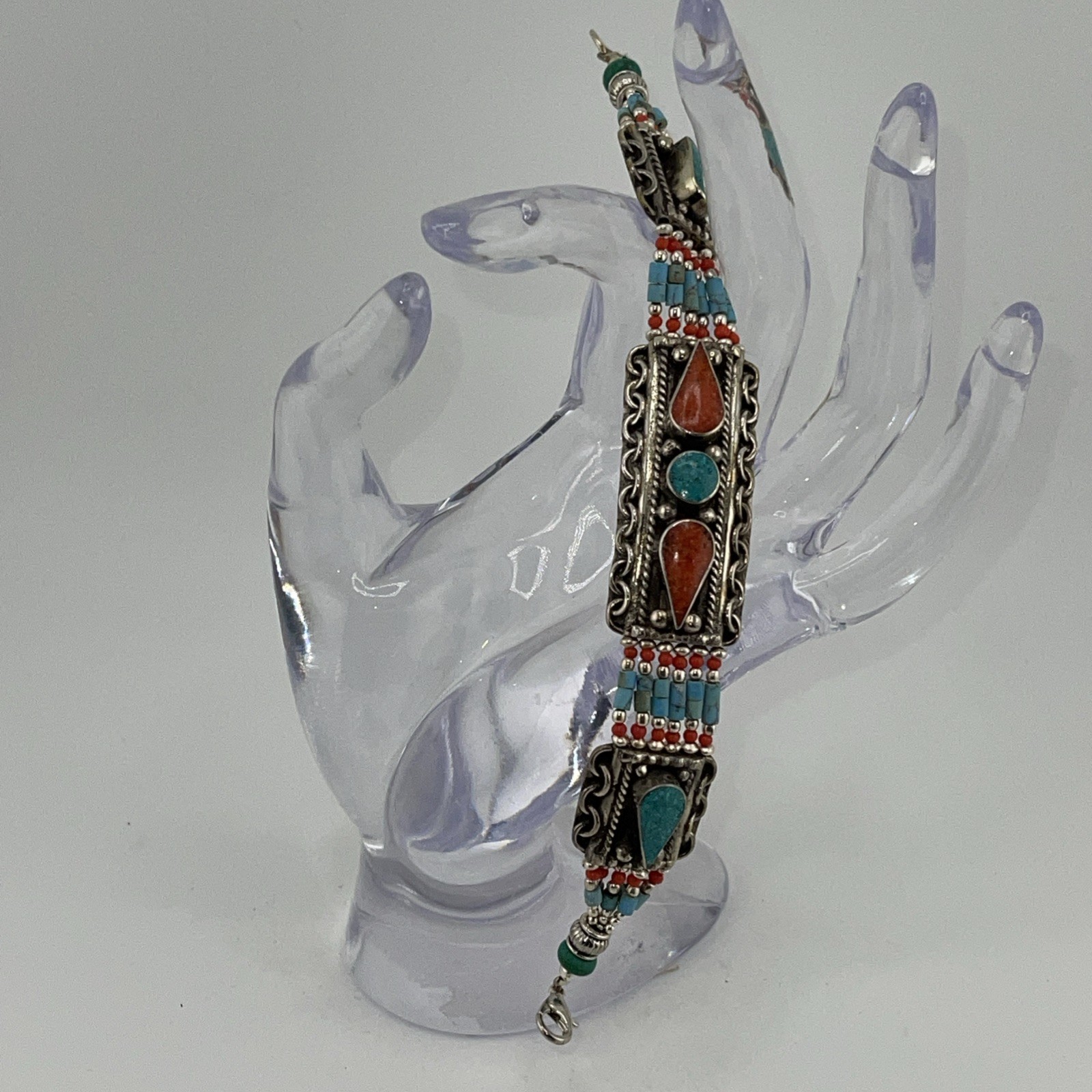 Unisex NEPAL TIBETAN HANDMADE Coral & Turquoise Bracelet Tibetan Silver 7.50”