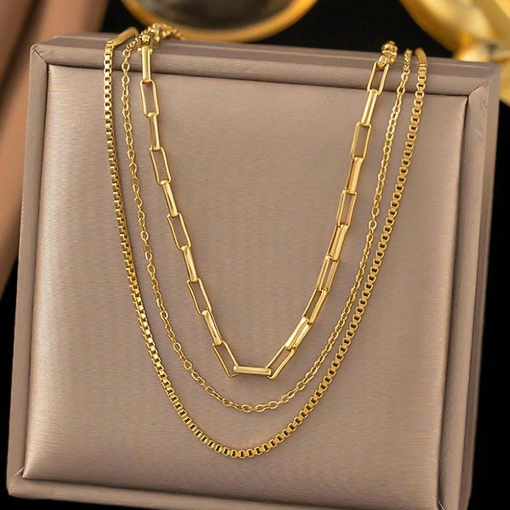 3pcs Womens Necklace 18K Gold Plated Stainless Steel Chain Woman Fashion Jewelry