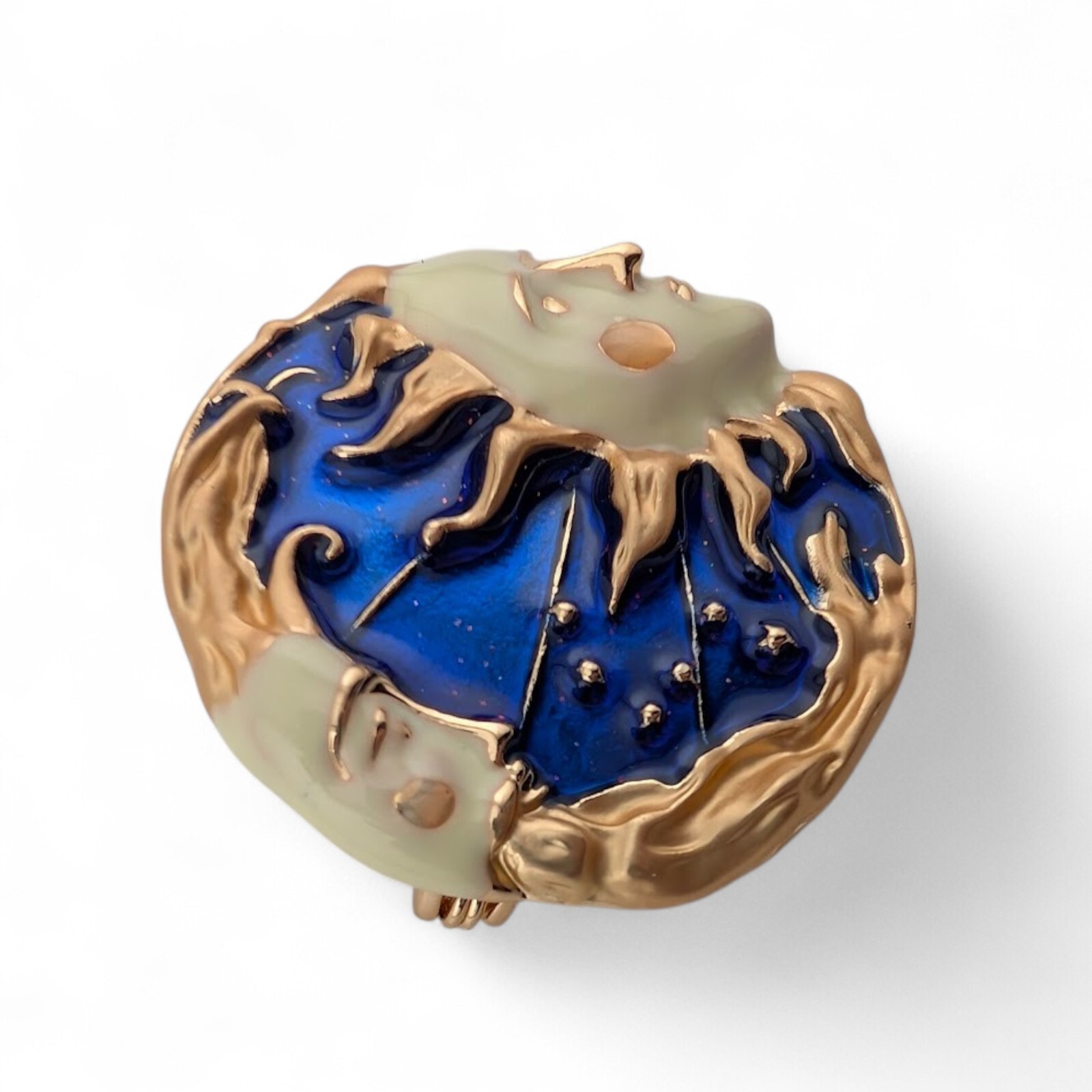 CELESTIAL SUN MOON BROOCH face 90s retro blue, gold- & ivory-tone enamel pin G1