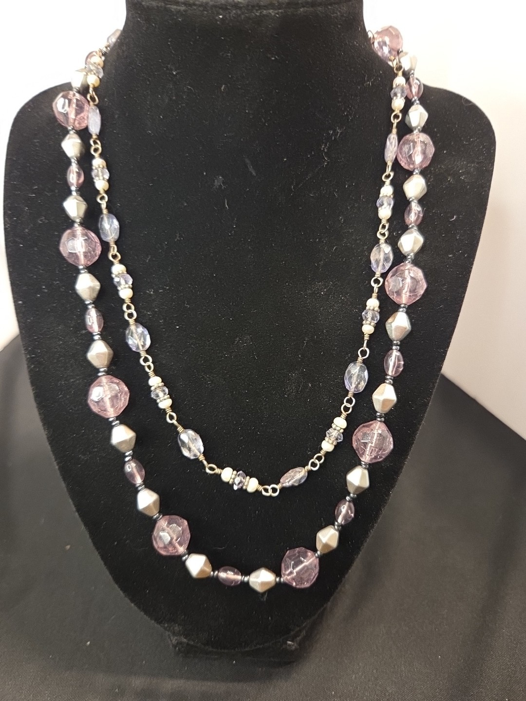 Purple & Silvertone Set Of 2 Necklaces 1, 16″ Other 20″ & Purple Stone Earrings