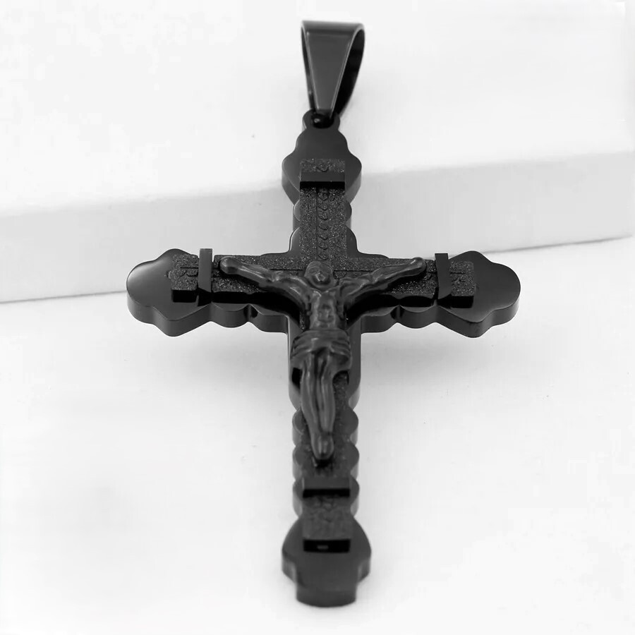 Men’s Black Stainless Steel JESUS CROSS 79mm Pendant Ion Plated BOX