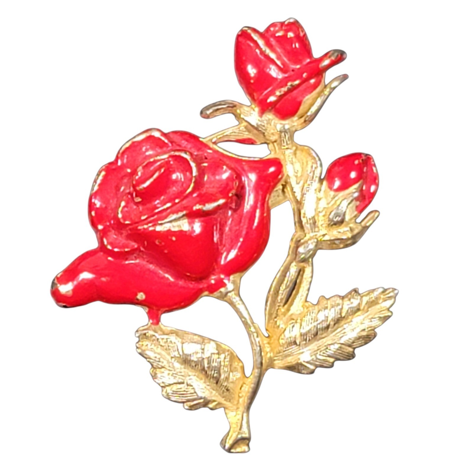 VTG 60s General Mfg Red Enamel Rose Brooch Pin Gold Tone MCM Flower Costume