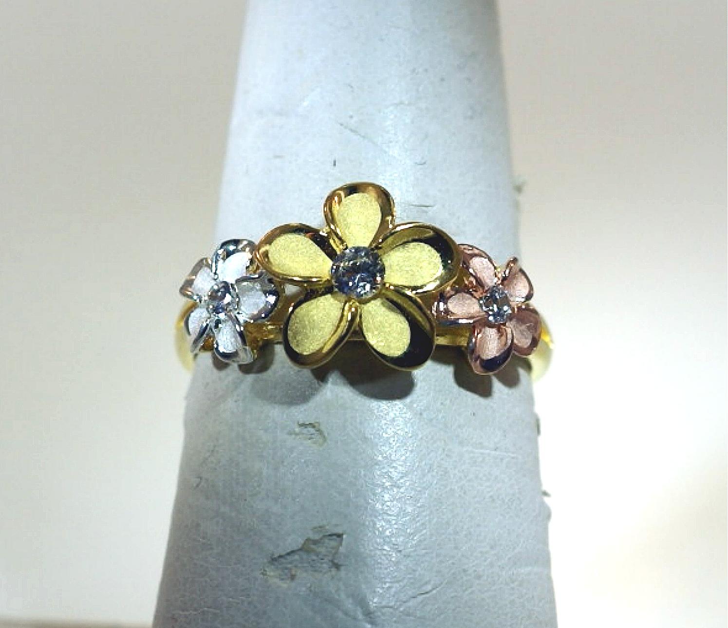 10.5MM/6.5MM TRI-COLOR GOLD PLATED 925 SILVER HAWAIIAN FANCY PLUMERIA CZ RING