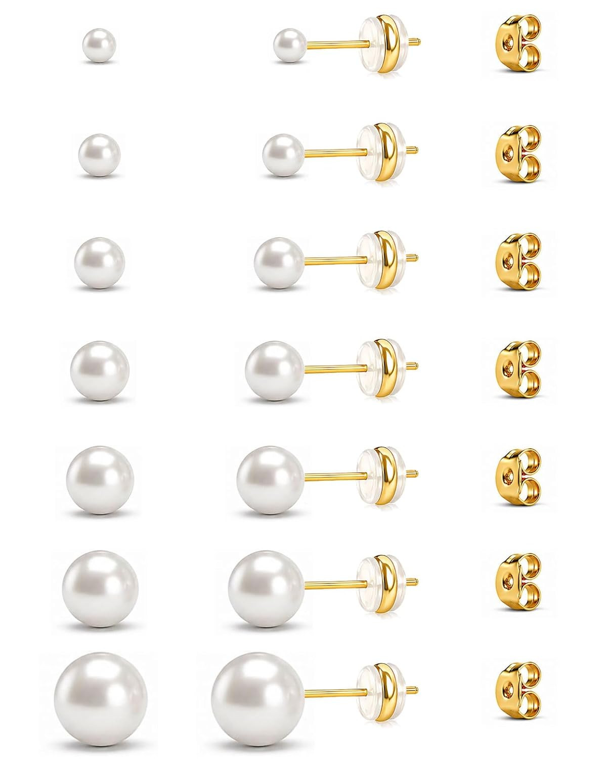 Gold Pearl Stud Earrings Set for Women, 7 Pairs (3–10Mm), Hypoallergenic with So