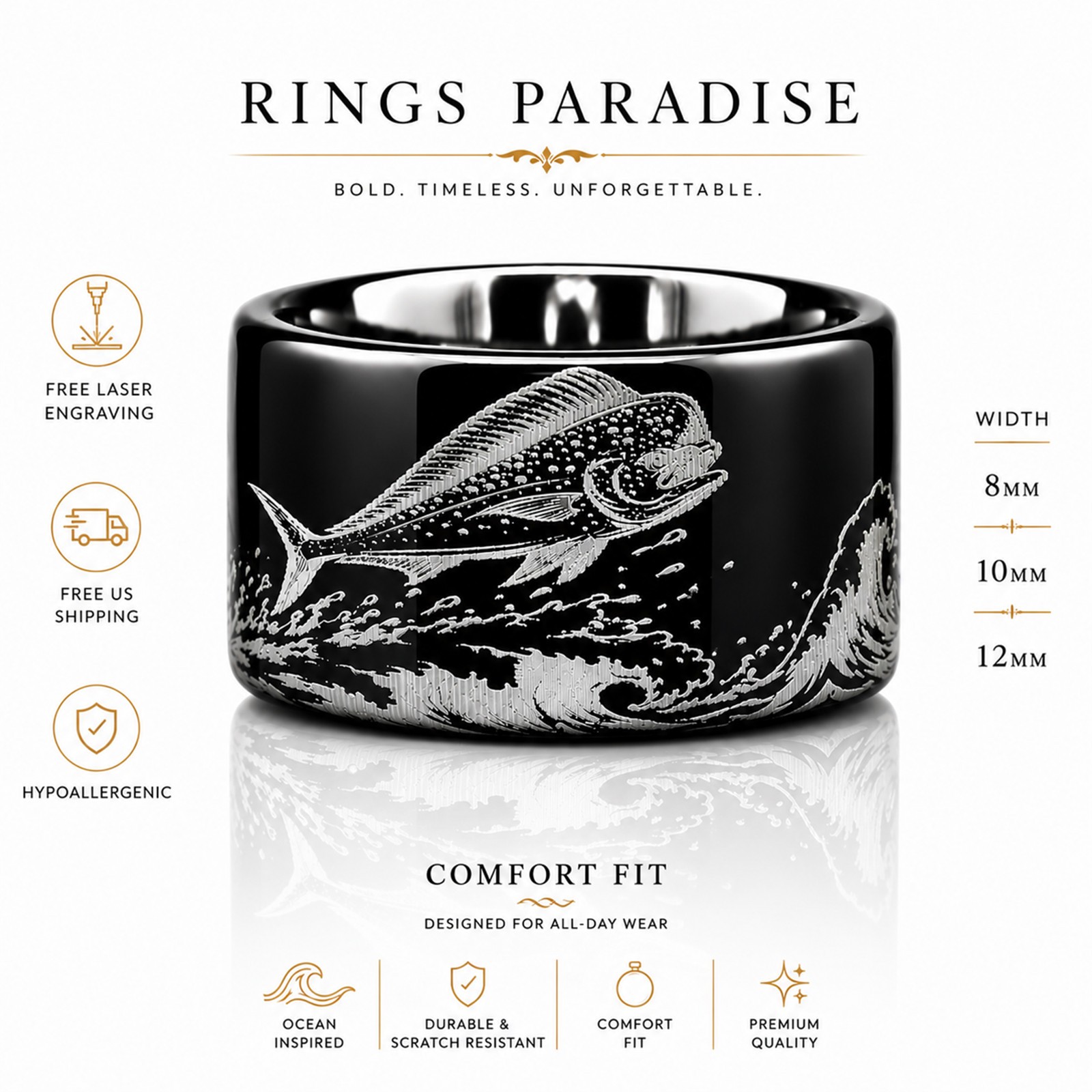 Mahi Mahi Ring | Black Tungsten Wedding Band Fishing Ring – 8mm,10mm,12mm
