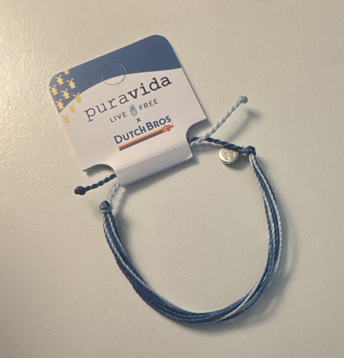 Pura Vida x Dutch Bros Blue Adjustable Cord Charm Bracelet Dangle, Slide Closure