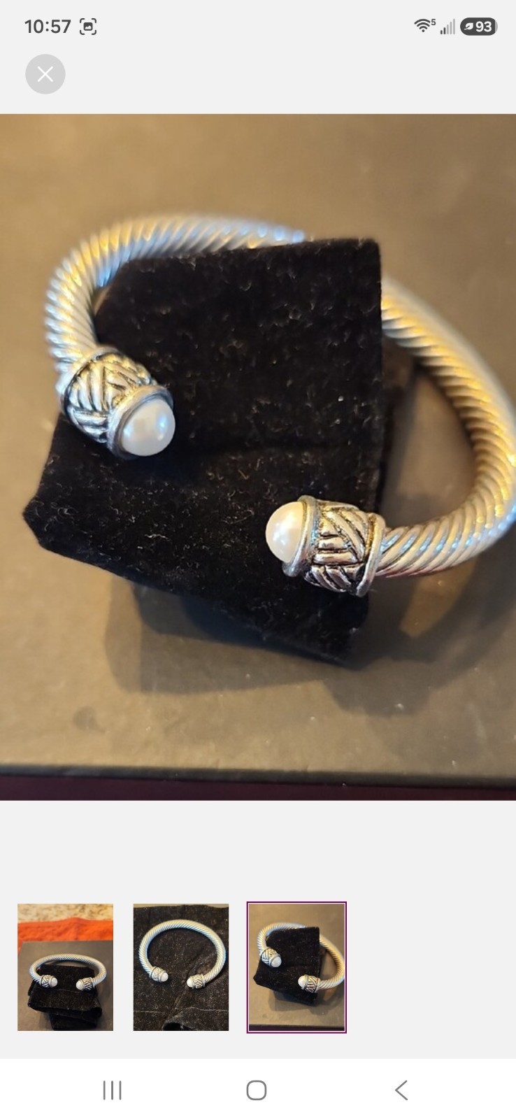 0035 Silver Tone Rope Twist Cuff Bracelet White Round Pearl Colored Bezel Caps