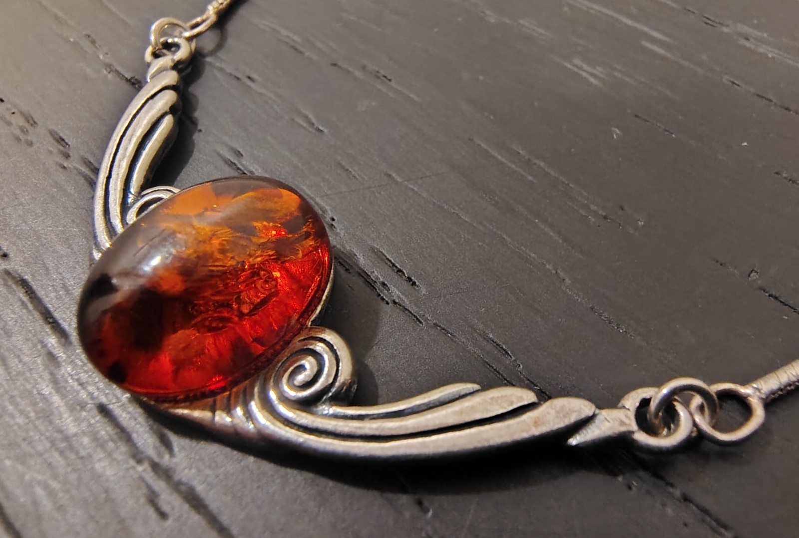 Baltic Amber Cognac Sterling Silver Necklace, Scroll 925 Setting, Mid-century