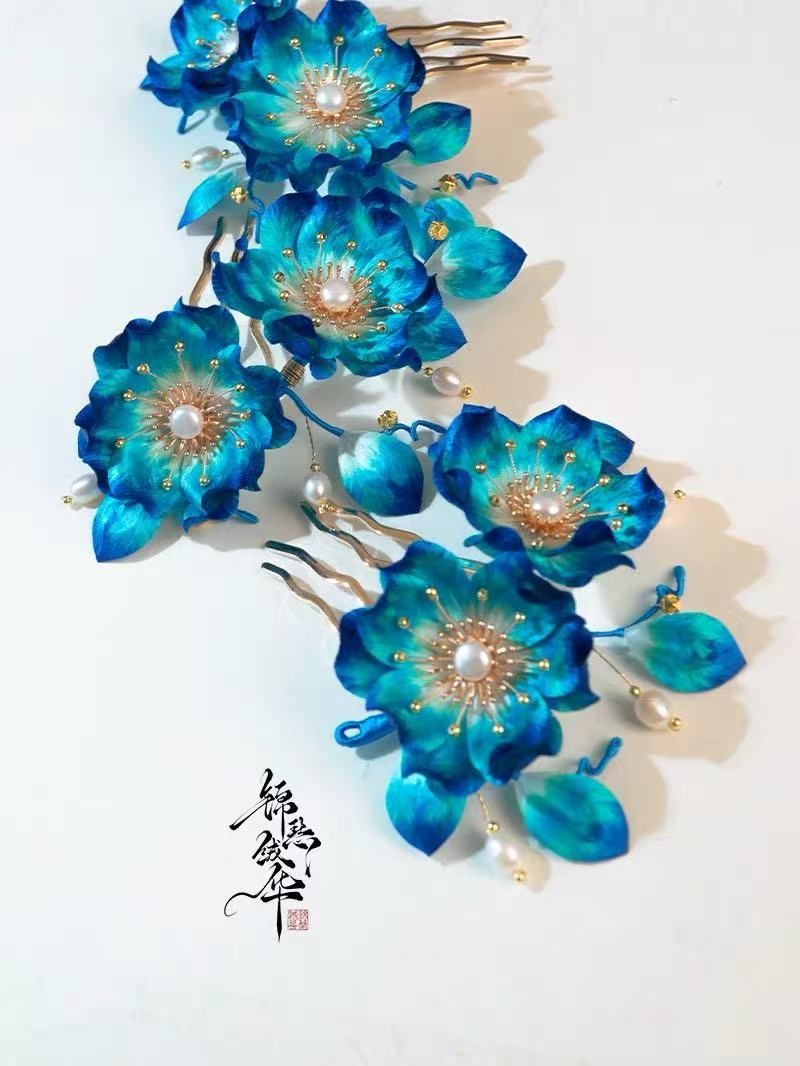 Blue Silk Velvet Hair Comb, Traditional Chinese Hanfu Qipao Hair Accessory
