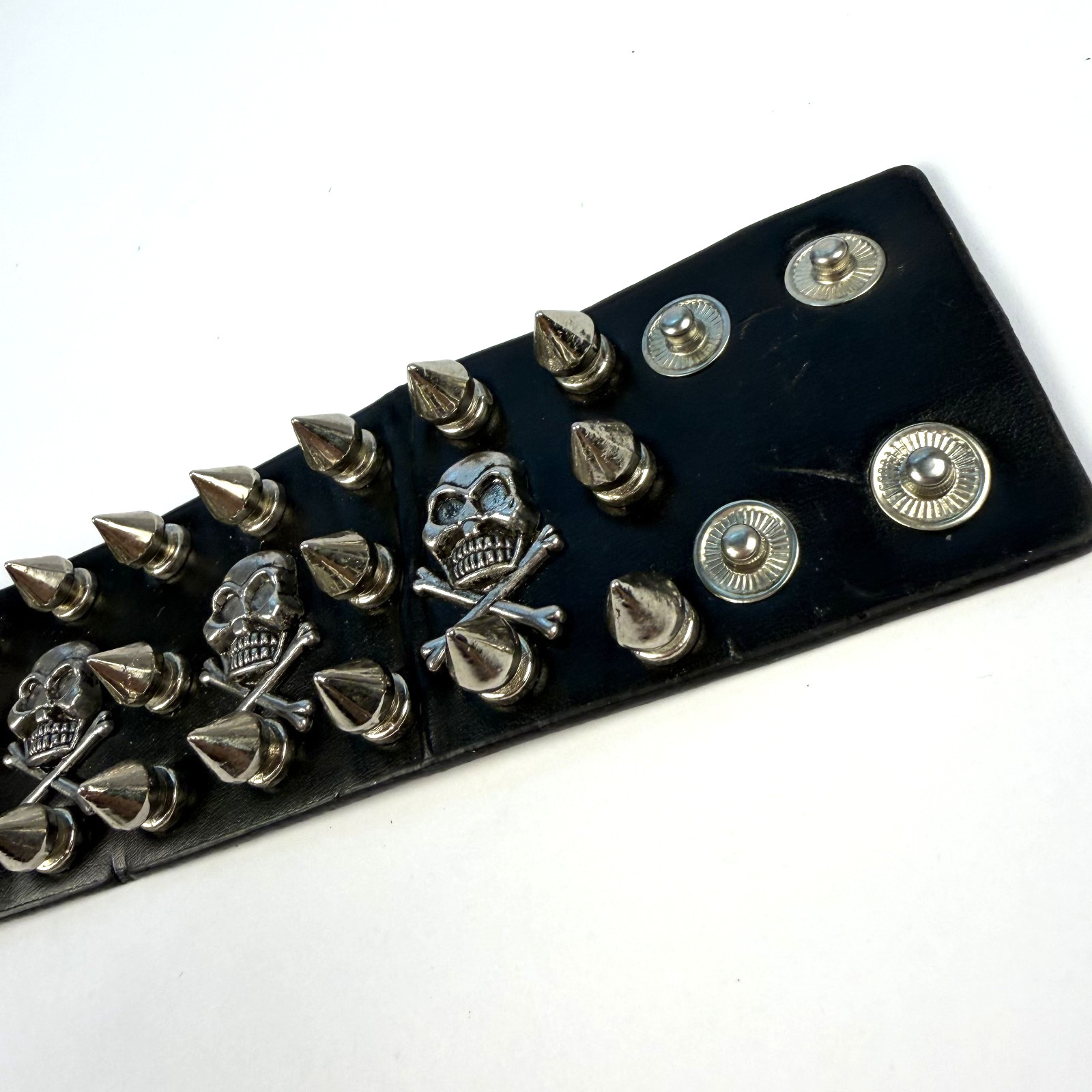 Black Leather Punk Silver Spikes & Skull Studs Gothic Wide 8 5/8 inch Bracelet