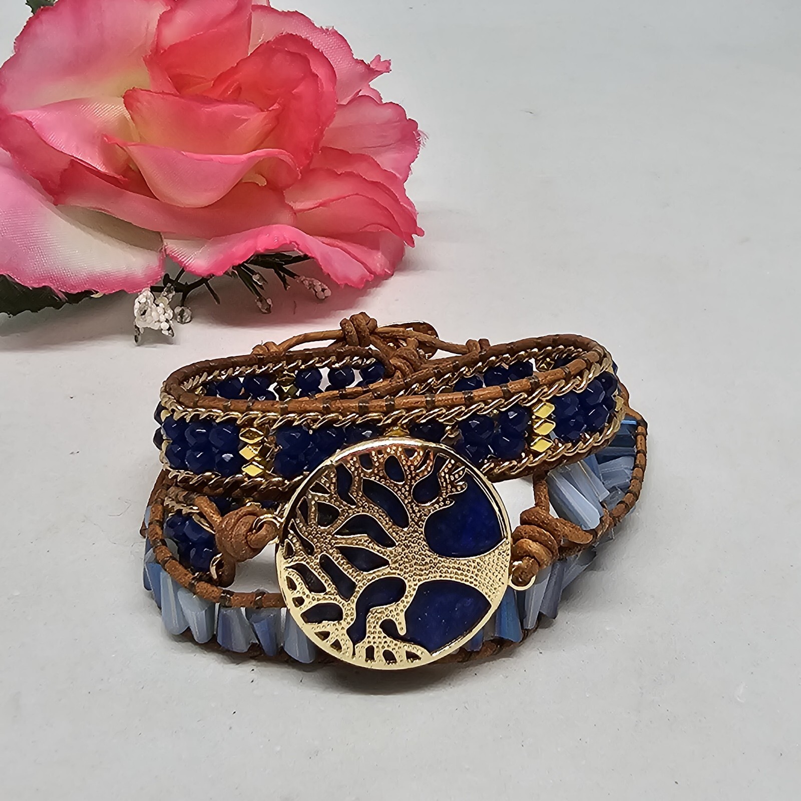 Blue Lapis Lazuli Tree of Life Bracelet Gold Crystal Braded Wrap Leather Boho