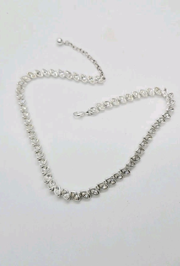 Tennis Necklace Marquise Crystal Rhinestone Silver tone Choker 17 in Adjustable