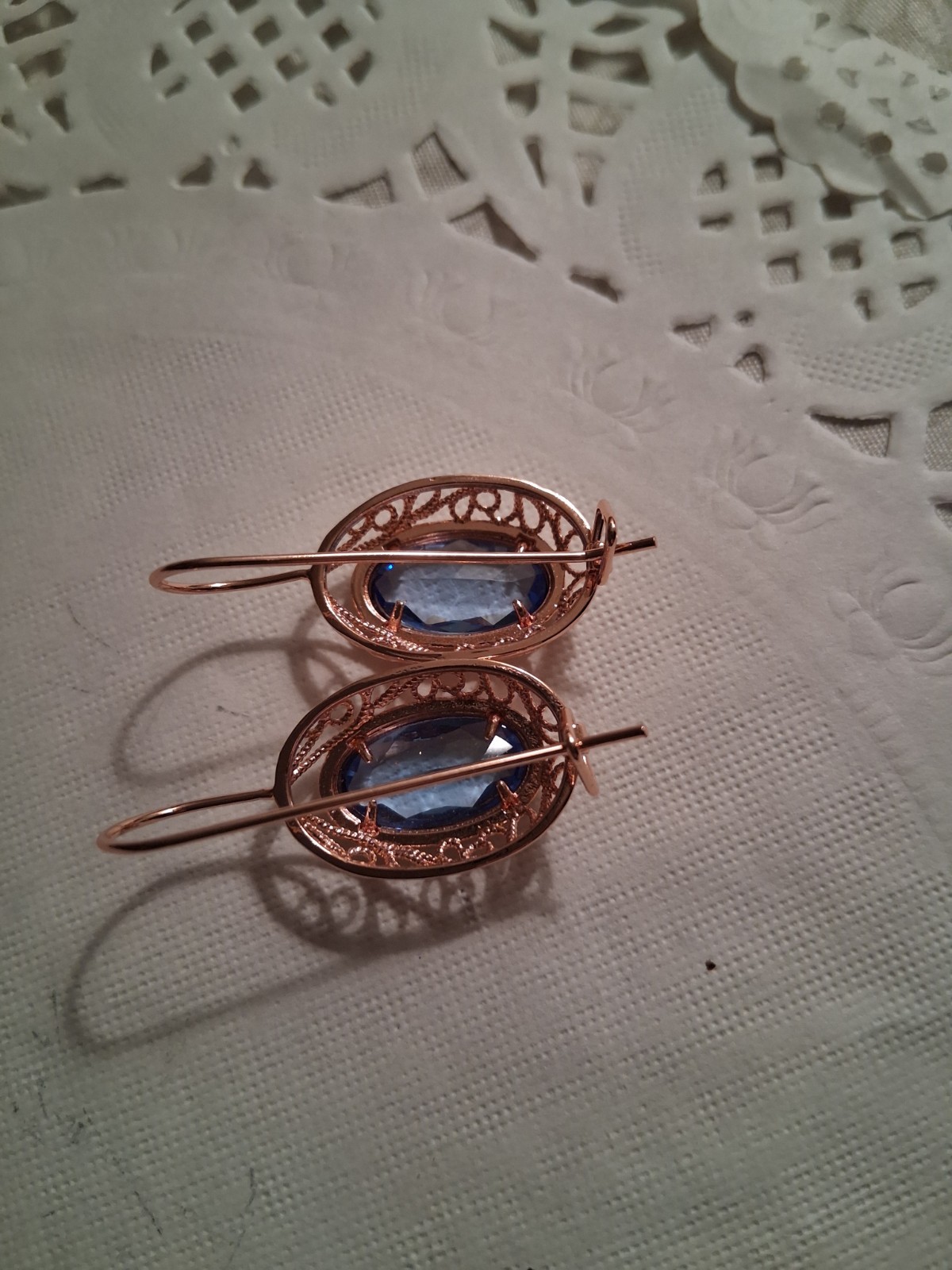Rose Gold Plated Metal Hook Dangle Drop Earrings Oval Blue Crystal Bezel Lobe