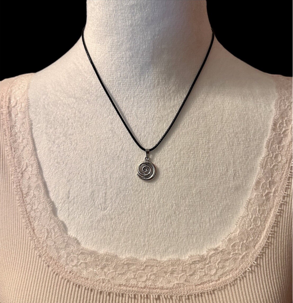 Silver Spiral Swirl Pendant Necklace Black Cord Unisex Women Men Brand New