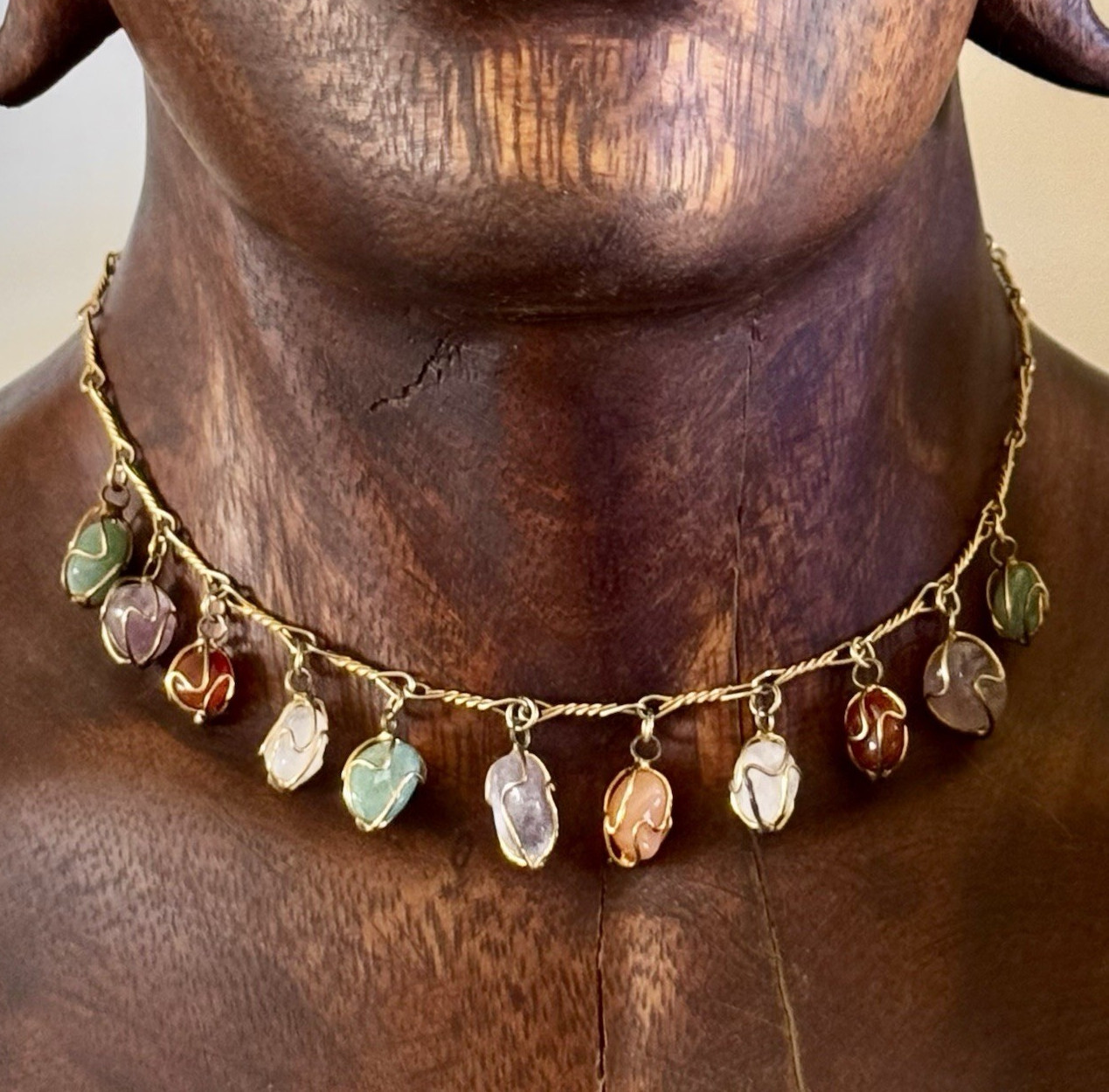 Gold Tone Cable Chain Necklace Multicolor Irregular Glass Charm Dangles