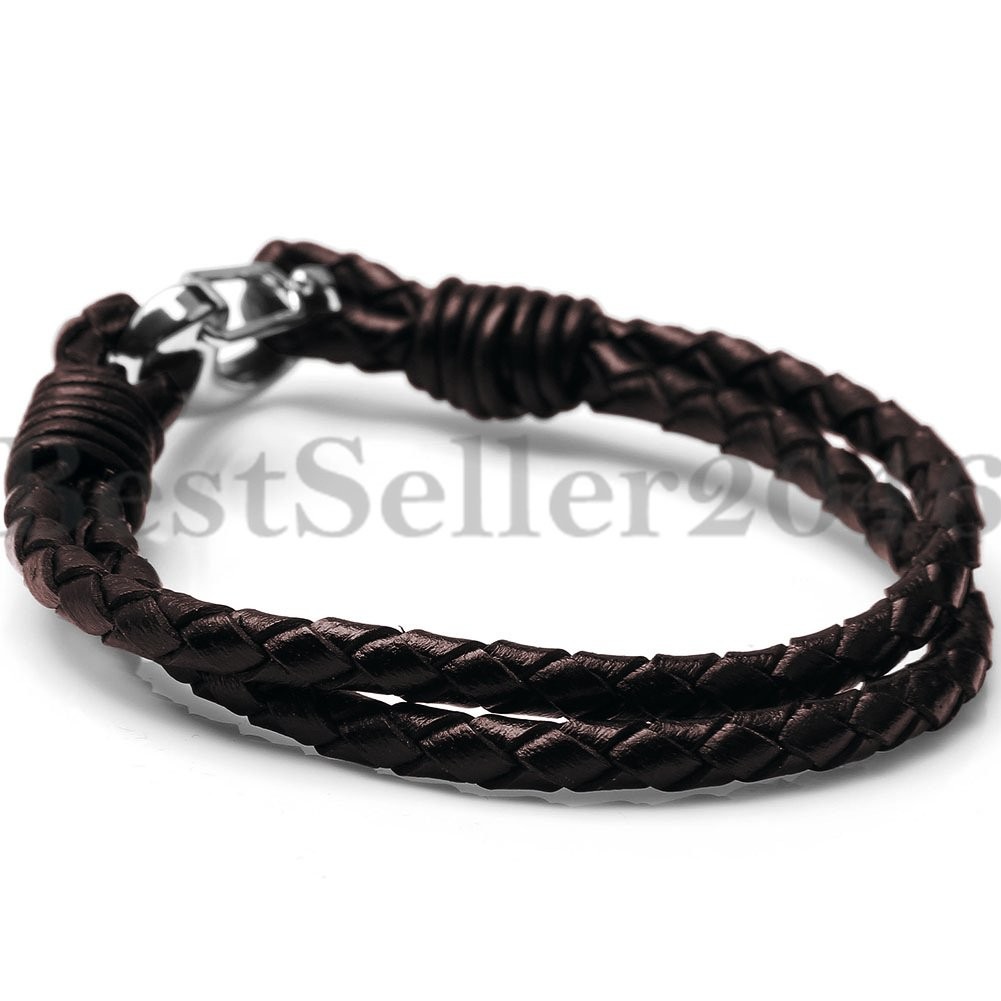 Men Women Braided Leather Bracelet Wrap Cuff With Stainless Steel Clasp 8in-9in